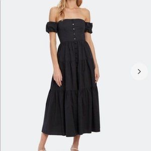 STAUD Elio Off the Shoulder Button Front Tiered Midi Dress